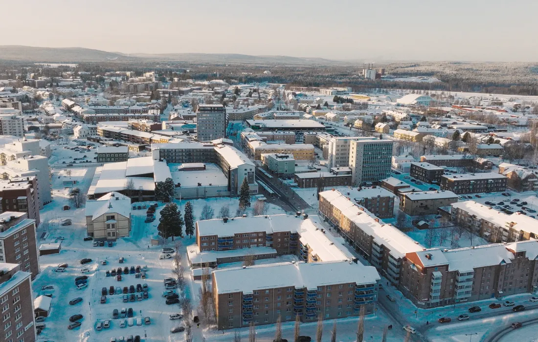 A bird's eye view of a snowy town