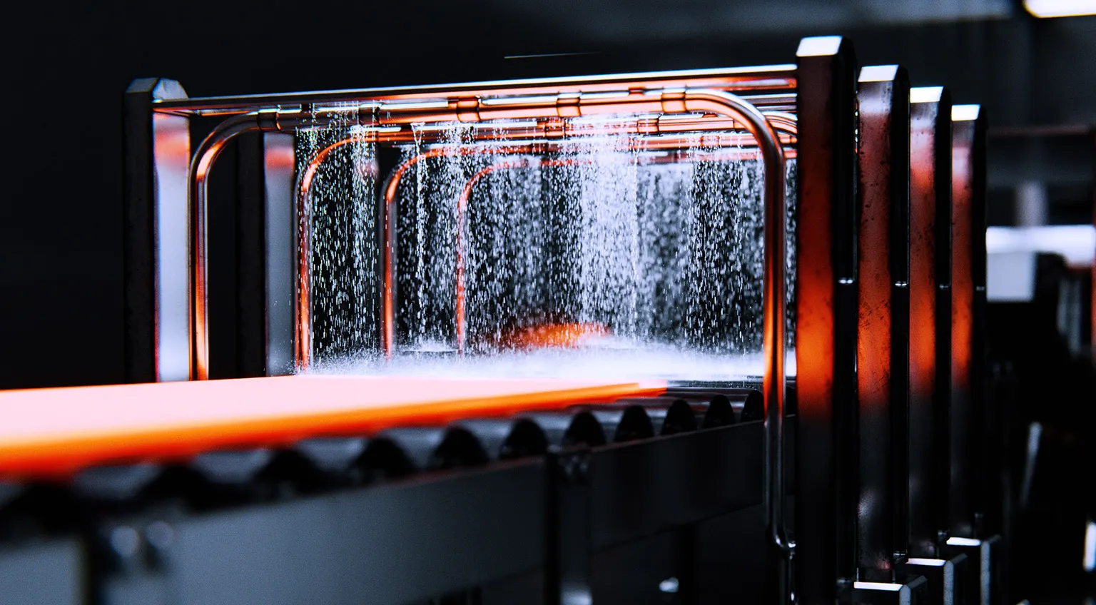 Darkly-lit production line equipment with colour and water