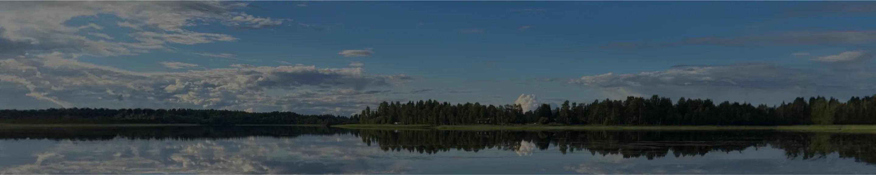 A landscape shot of an undisturbed lake with woodland and low cloud in the distance