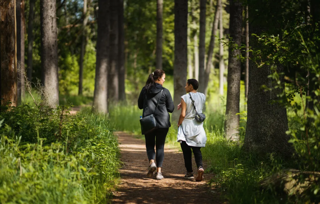 Two women walk ahead in the middle of woodlands