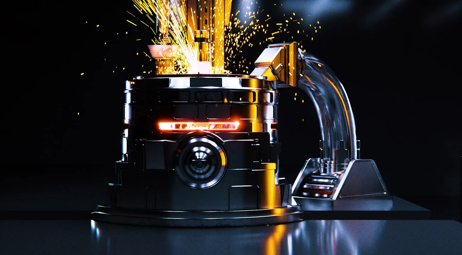 Darkly-lit electrical equipment with flashes of colour