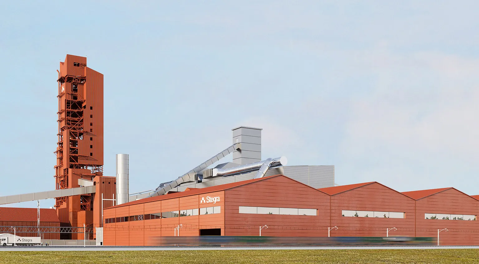 A landscape shot of Sategra's red steel plant