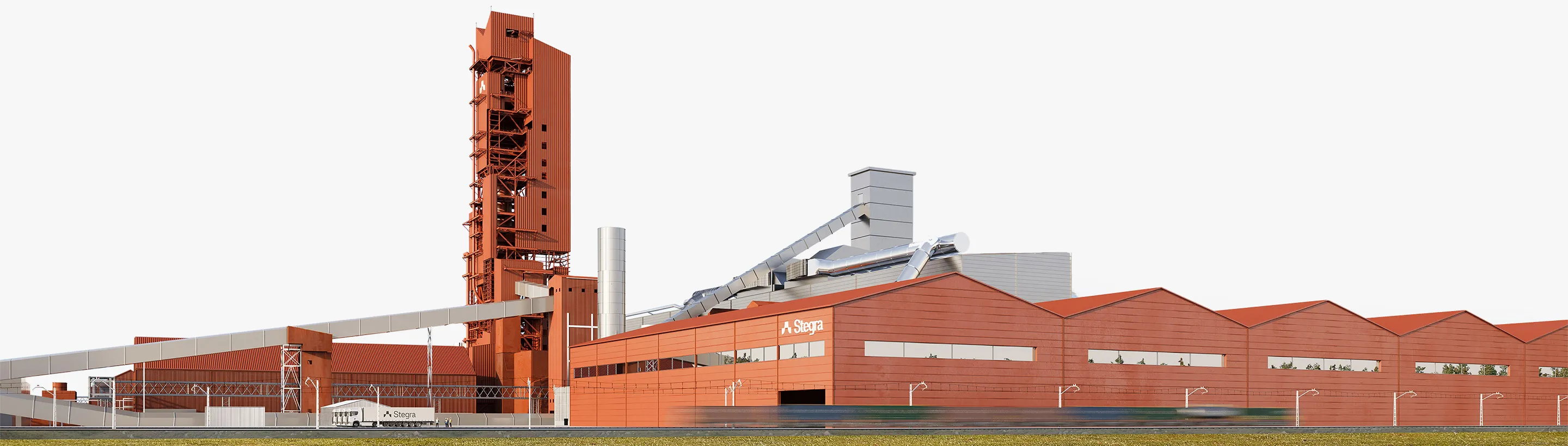 A wide view of Stegra's distinctive red steel plant