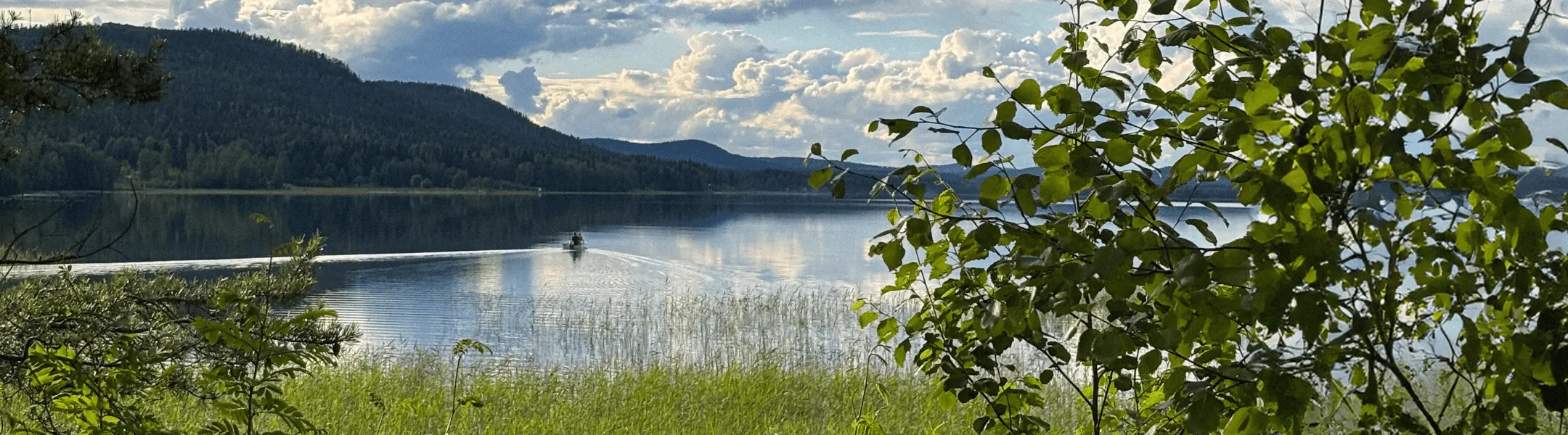 A lakeview surrounded by hills and grassy fields